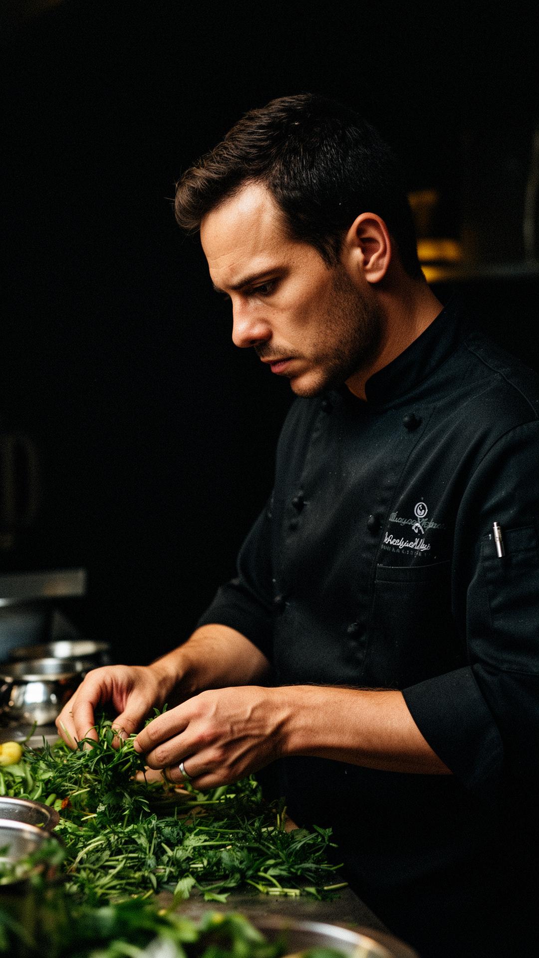 Portrait du chef Léo Mercier en cuisine