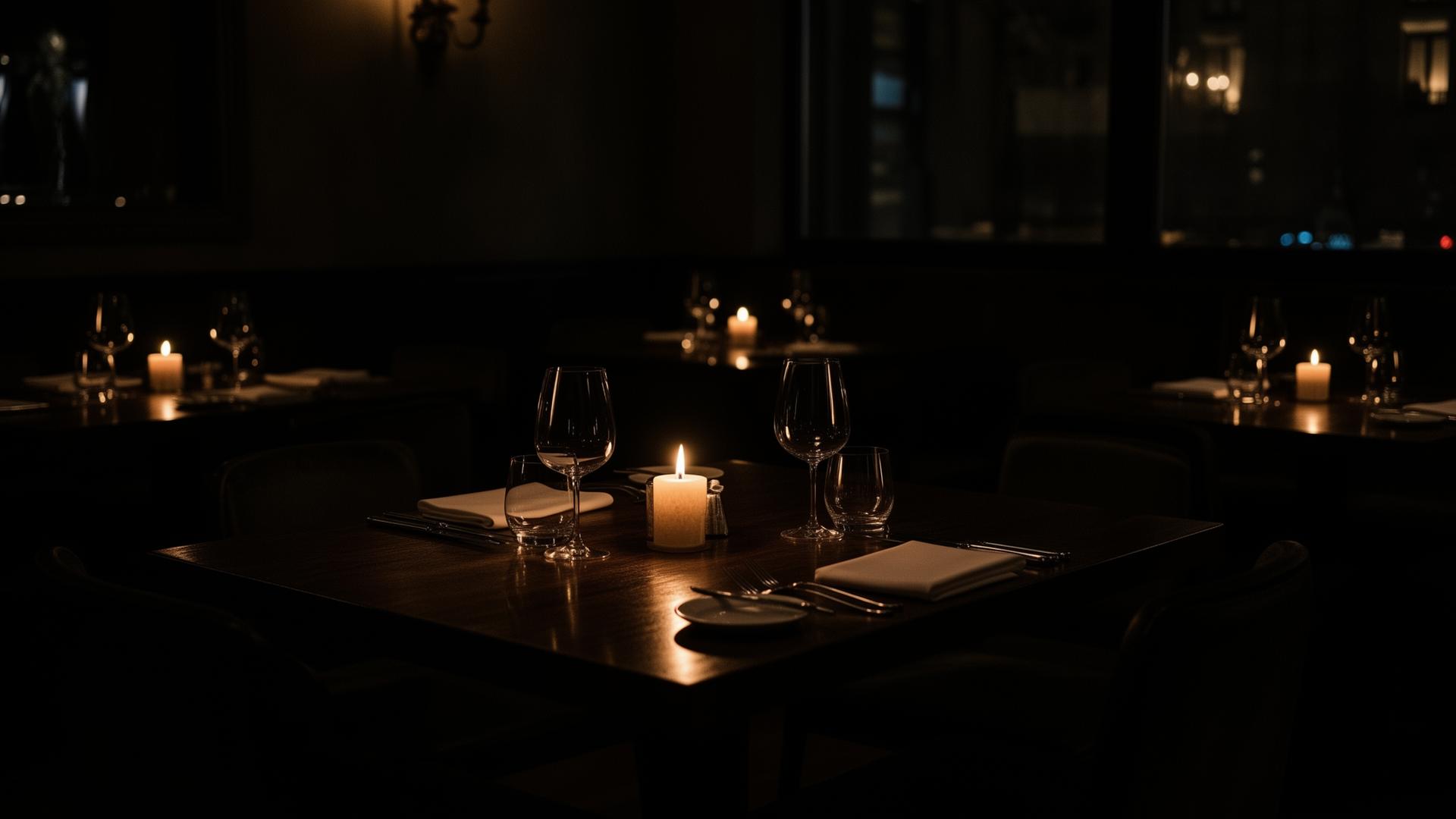 Salle du restaurant Atelier Noir, à la lueur des bougies